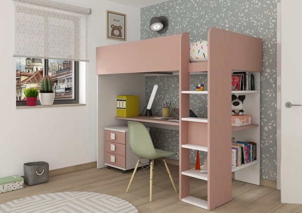 Schaduw kort Effectiviteit Trasman Jules hoogslaper + bureau 90x200 wit roze - Kinderbeddenstore