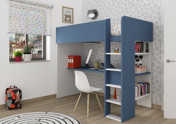 Trasman Jules hoogslaper met bureau 90x200 wit-blauw