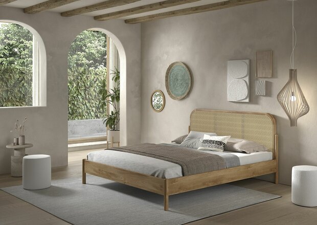Olive 2 persoons bed 160x200 massief eiken rotan