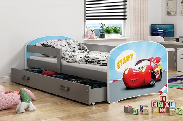 Lido peuterbed 80x160 met lade en auto print grijs