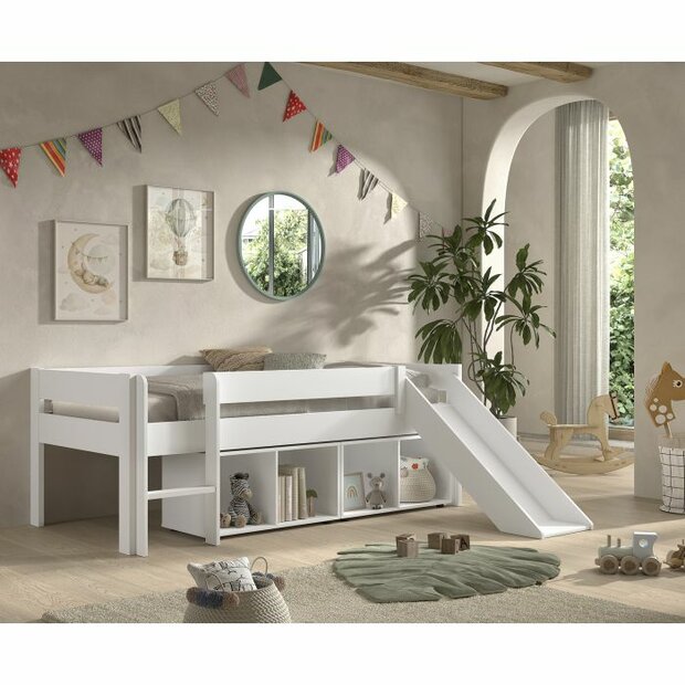 Scandi compact bed 2 kastjes glijbaan 90x200 massief grenen wit