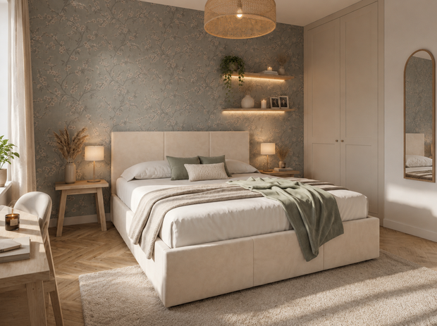 Merine 140x200 beige gestoffeerd opbergbed
