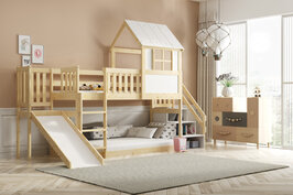 Nardo huis bed met glijbaan en zij trap 90x200 massief grenen naturel 