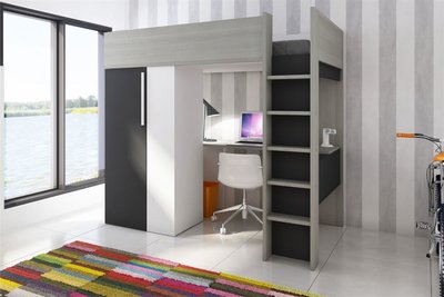 Bureau En Kledingkast In 1 : Beddyfurn studio hoogslaper met kast en bureau wit grijs antraciet